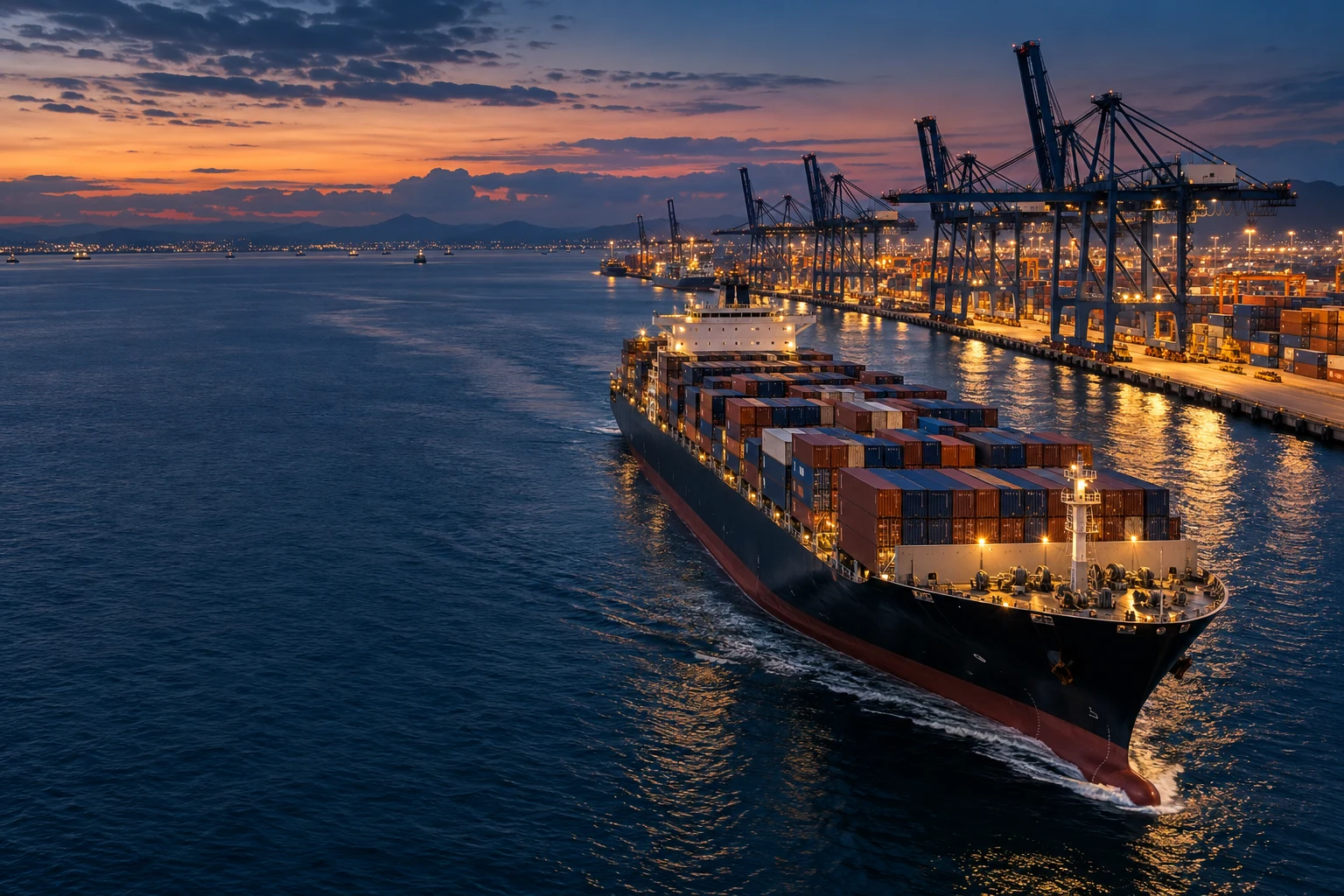 Container vessel and port cranes at dusk